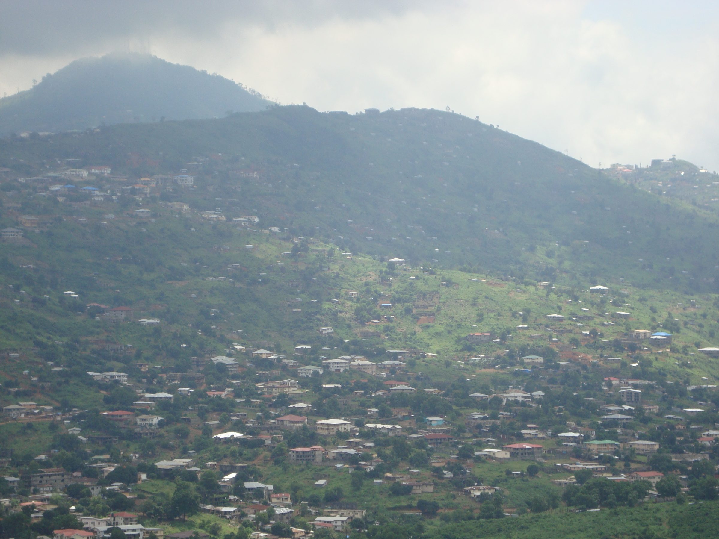Aerial view of Freetown and the harbour hills