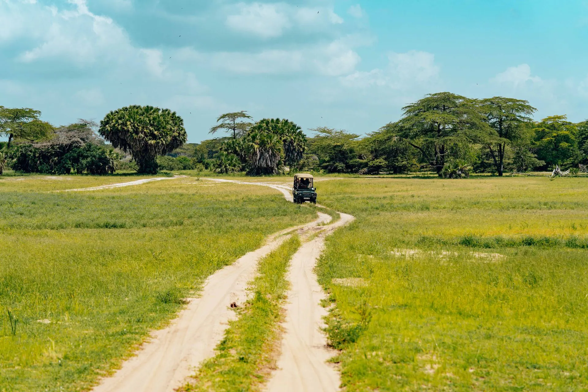 4x4 vehicle on a dirt track through grassland — editorial stand-in for overland travel